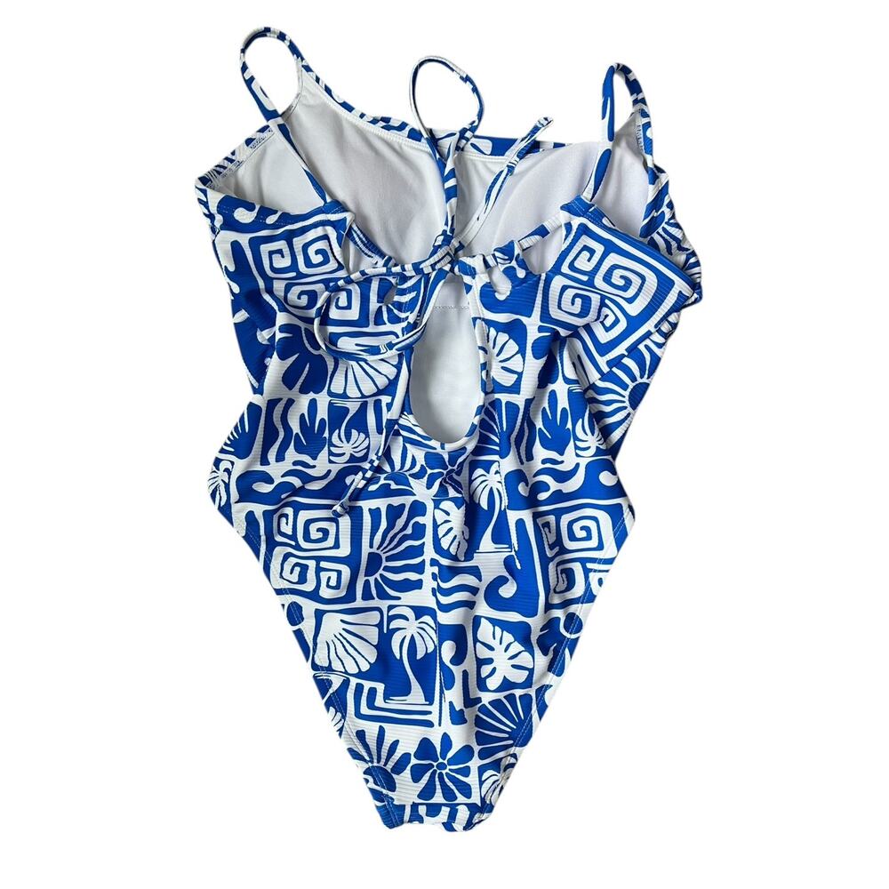 Time and Tru Ribbed Tie Back One Piece Swimswuit Adjustable Beachy Blue Large - Picture 3 of 5